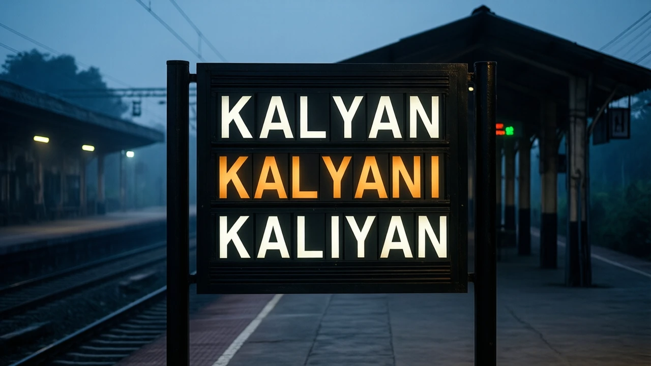 A railway departure board of black flaps at dusk with exactly three lines in white capitals, KALYAN then KALYANI then KALIYAN, the middle line lit amber, the empty platform behind it falling into dark blue shadow.
