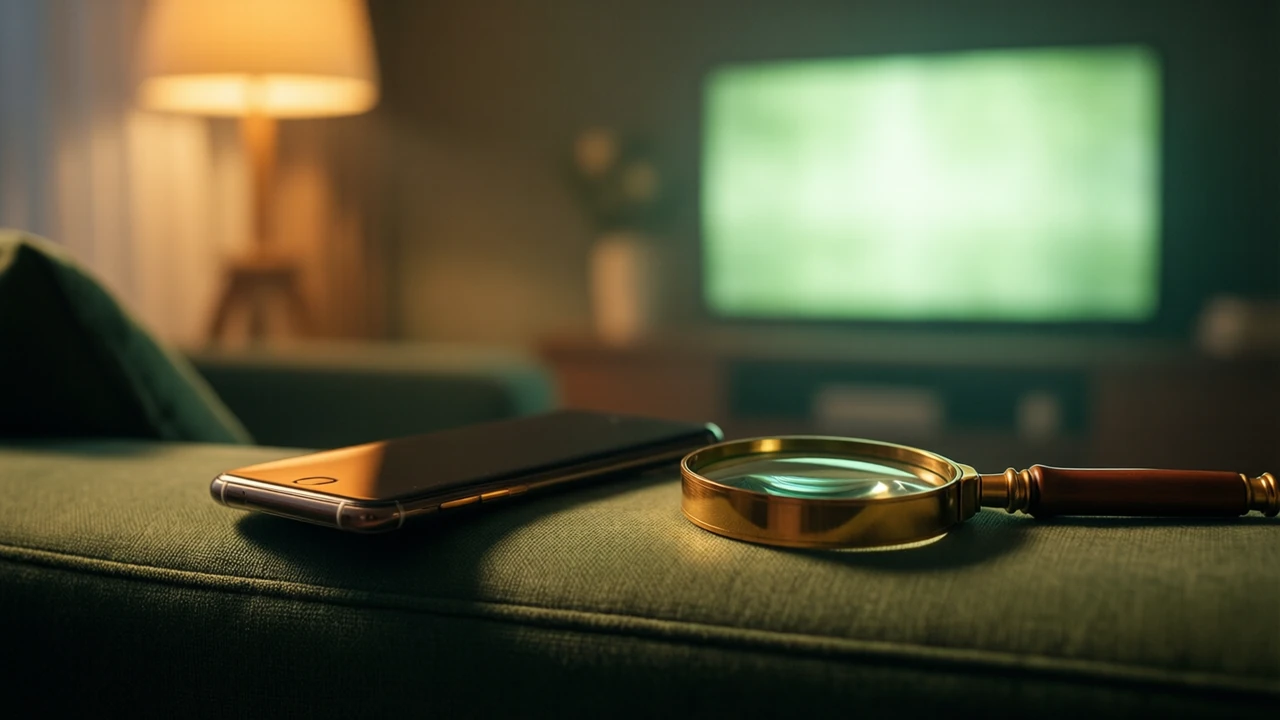 A smartphone lying face down on the padded arm of a dark green sofa in the evening, a brass magnifying loupe resting beside it, and far behind them a television glowing soft green and out of focus, warm lamplight from the left.