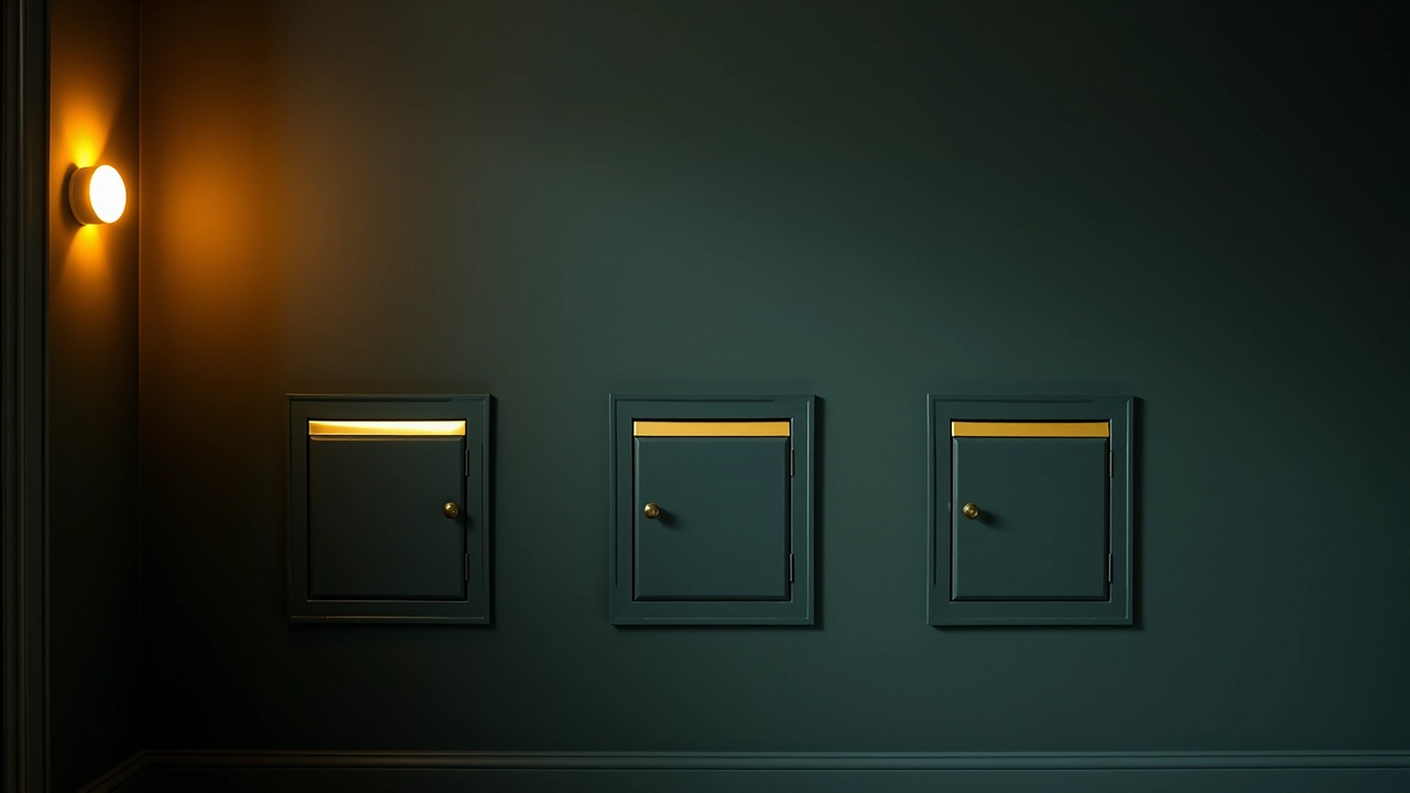 Three small painted steel letterbox doors set side by side in a bare dark green wall, each with a smooth blank brass strip across its top, the middle door a little ajar, warm lamplight falling from the upper left onto plain painted plaster.