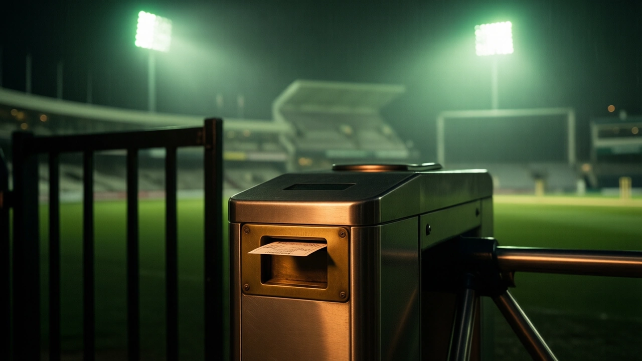 A turnstile at a cricket ground entrance at night with a single paper ticket half fed into its brass slot, floodlight haze glowing green high above the stands, the rest of the gate falling into shadow.