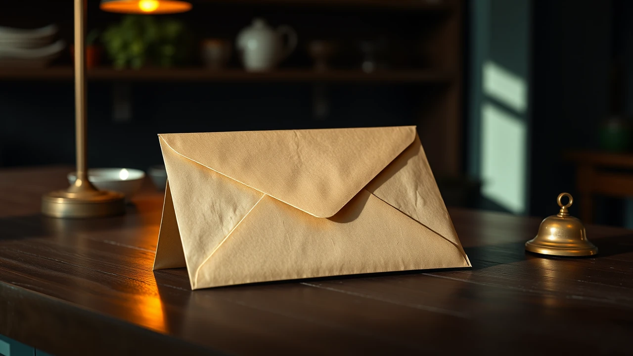 A sealed plain kraft paper envelope lying face down on a dark wooden counter, its back smooth and bare, a small brass bell beside it, warm lamplight from the left and deep shadow on the right.
