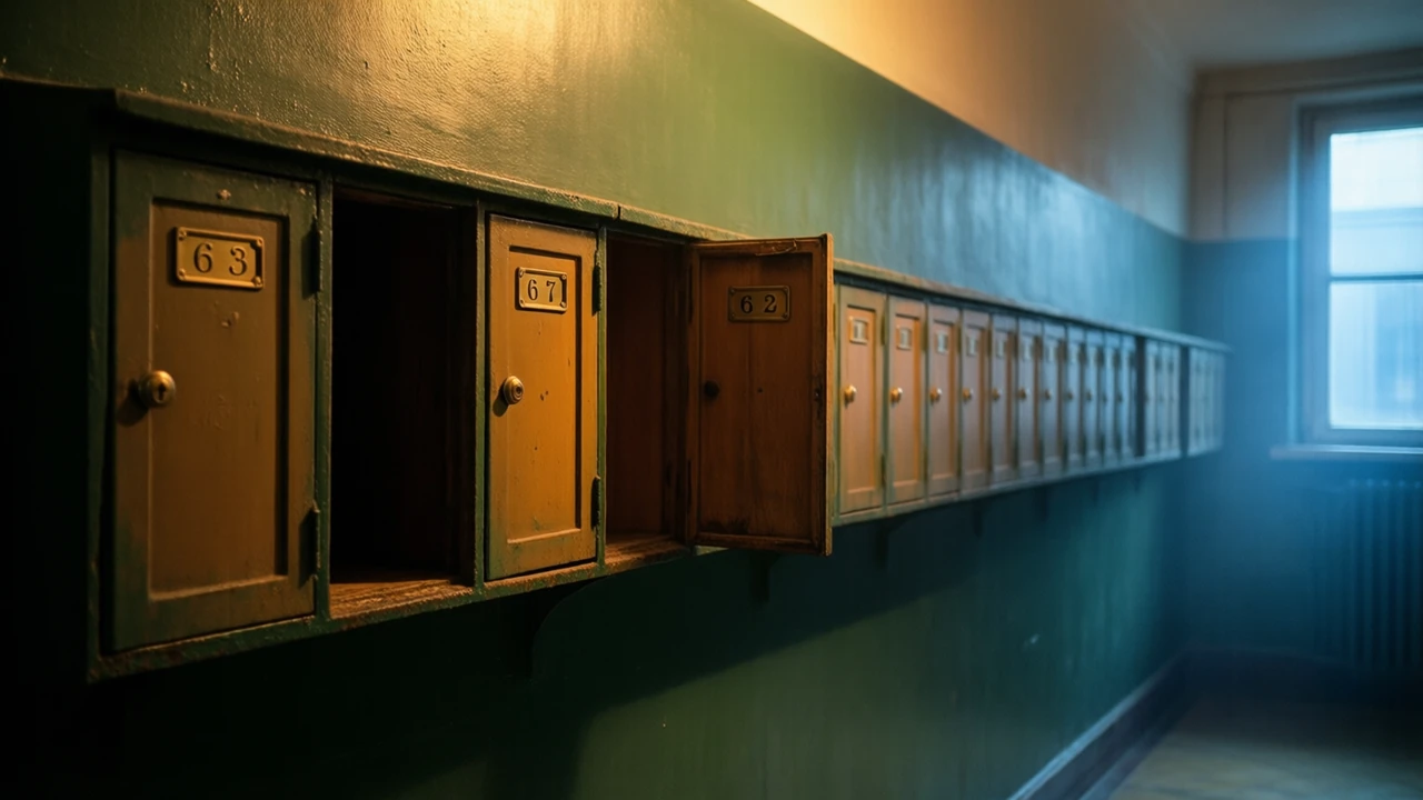 A long row of small painted steel letterboxes on a dim apartment wall, each narrow door fitted with a brass number plate reading almost the same, one door standing slightly open and empty, warm lamplight falling across the row from the upper left and a cool blue glow at the far end.