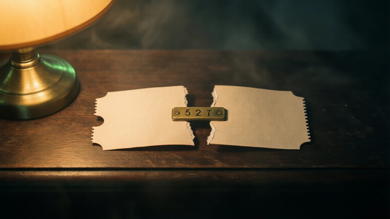 A plain paper ticket stub torn in two, both halves lying on a dark wooden counter a hand's width apart, a small brass number plate resting between them, warm lamplight from the left and the rest of the counter falling into shadow.