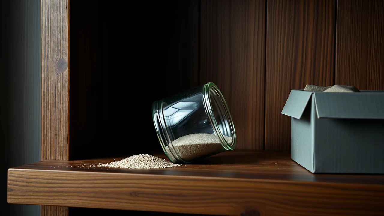 A plain glass jar of sand turned on its side on a walnut shelf beside a plain grey cardboard box with its lid lifted and nothing inside, lamplight from the upper left.