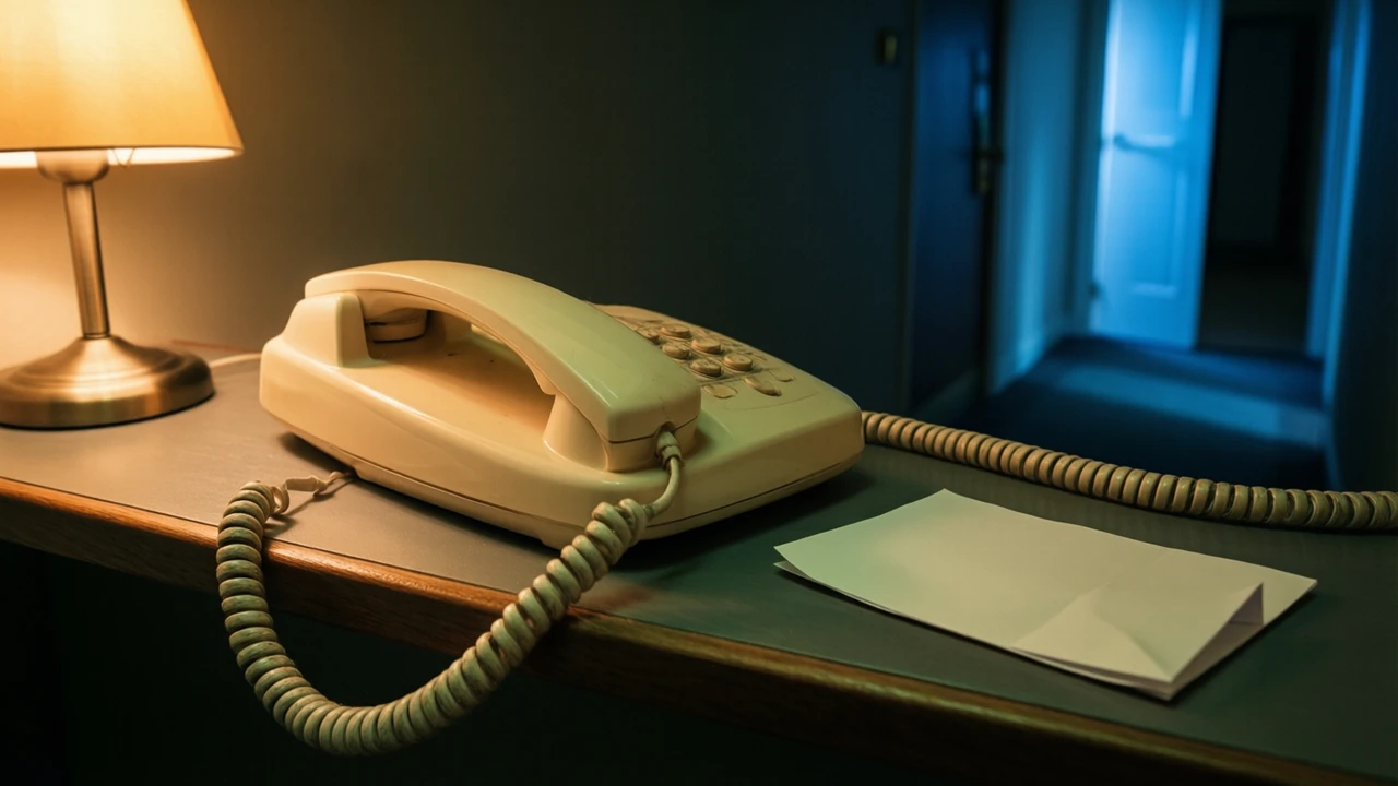 A single cream telephone handset resting on its side on a hallway shelf at night, no telephone base anywhere in the frame, its coiled cord trailing over the edge, a folded paper note beside it with nothing written on it, warm lamplight on the left and a cool blue glow from a doorway on the right.