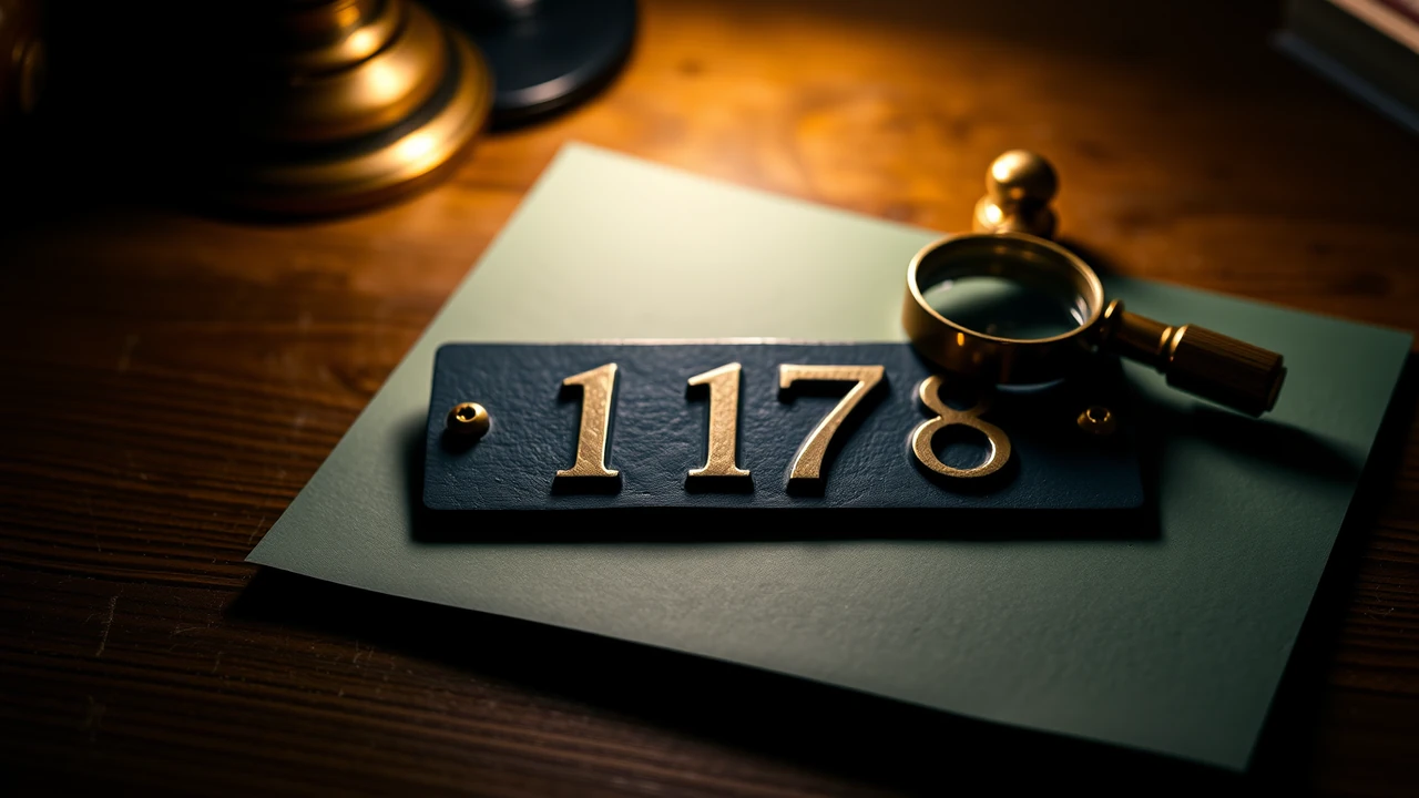 A single small brass house-number plate lying on a sheet of dark green card, a brass magnifying loupe resting at an angle across one corner of it, lamplight from the upper left.